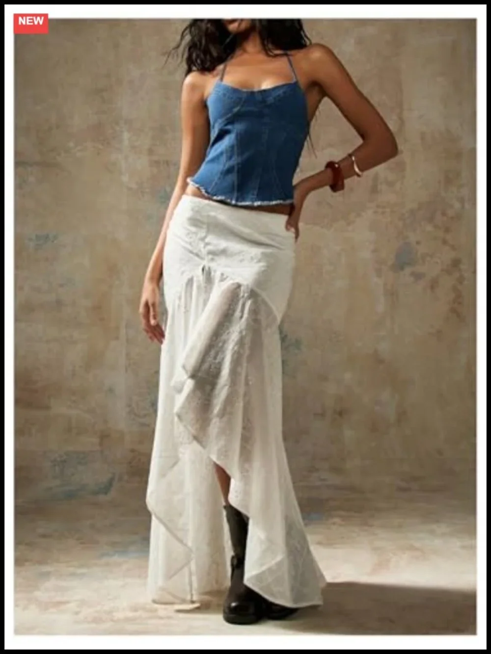 Ruffle Maxi Skirt Low Waist Asymmetrical Eyelet High Low Western Long Skirt